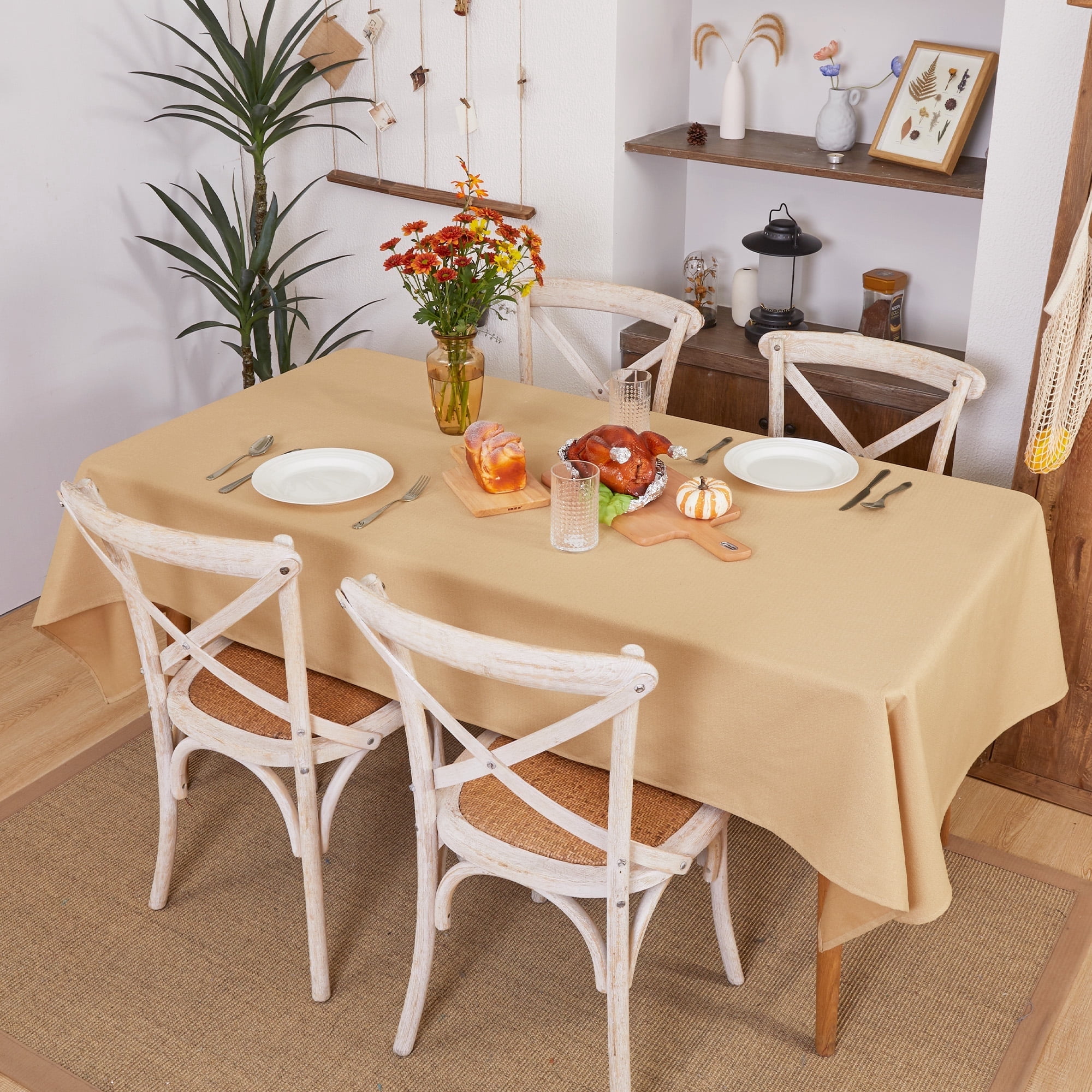 Deconovo Fall Square Tablecloth, Waterproof Solid Color Table Cover with Rolled Sides for Thanksgiving Dining Decor, 54"x54", Dark Beige