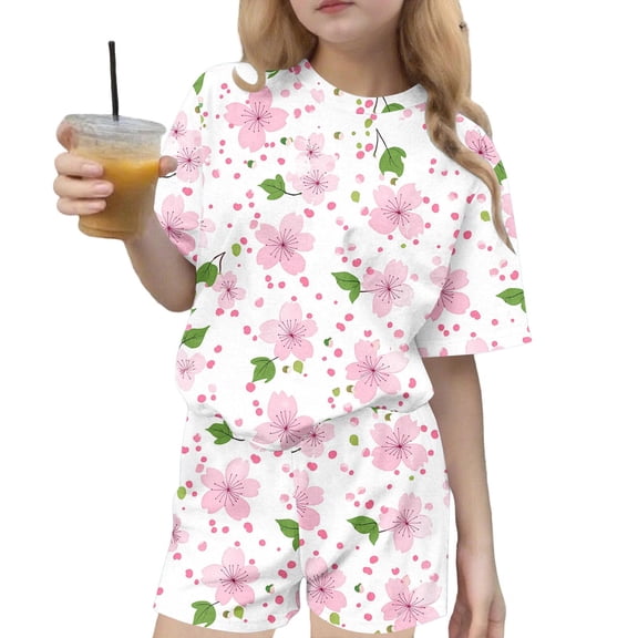 Girls Cherry Blossom Two Piece Outfit Multicolor High Waisted Short Sleeve Matching Set Summer Clothes 3-15 Years,Size 4-5T
