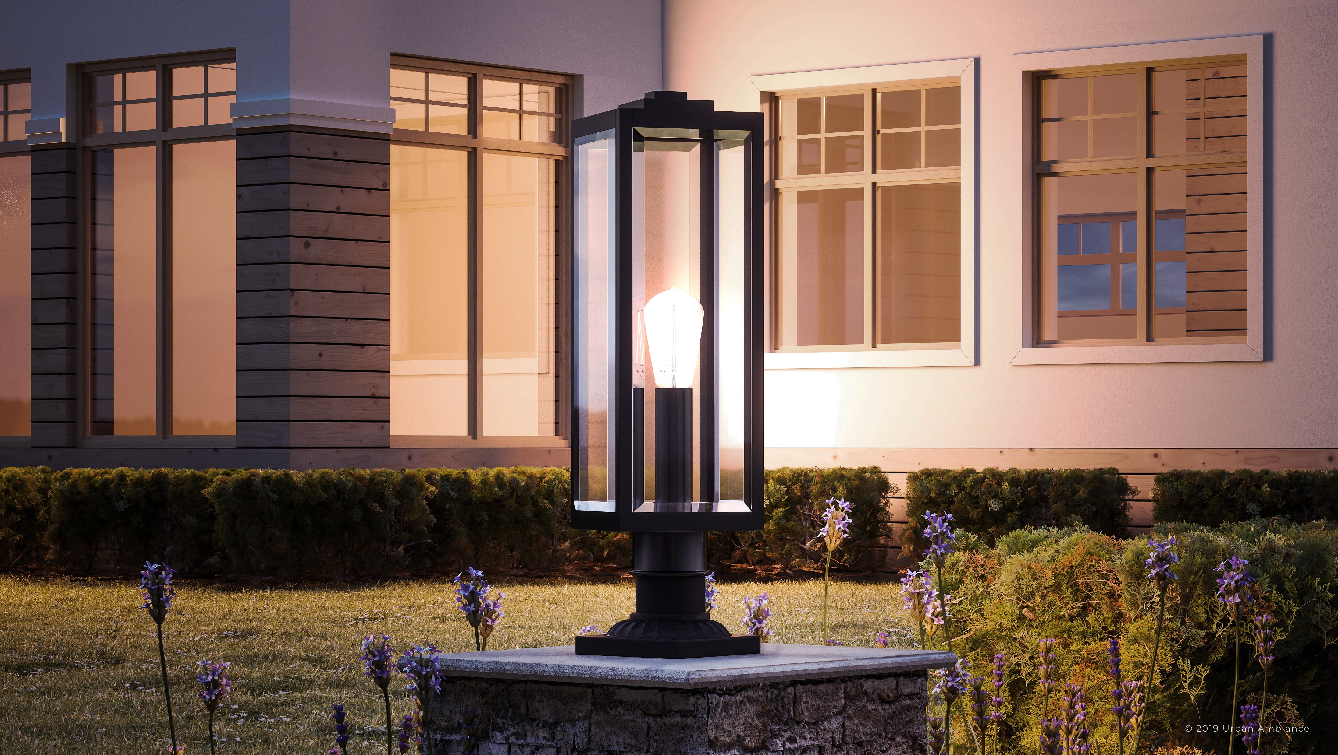 Luxury Modern Farmhouse Outdoor Post Light, 20.50''H x 7.00''W, with Industrial Style Elements, Minimalist Design, Natural Black Finish and Clear Glass Panel With Beveled Edge, UQL1333