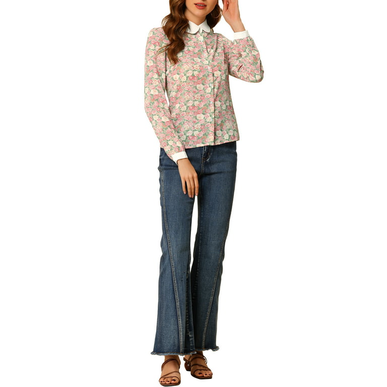 Allegra K Women's Contrast Collar Button Down Long Sleeve Floral Blouse  Shirt