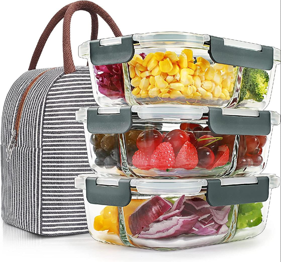 3 Pack 36oz Bento Box Meal Prep Glass Containers 3 Compartments with