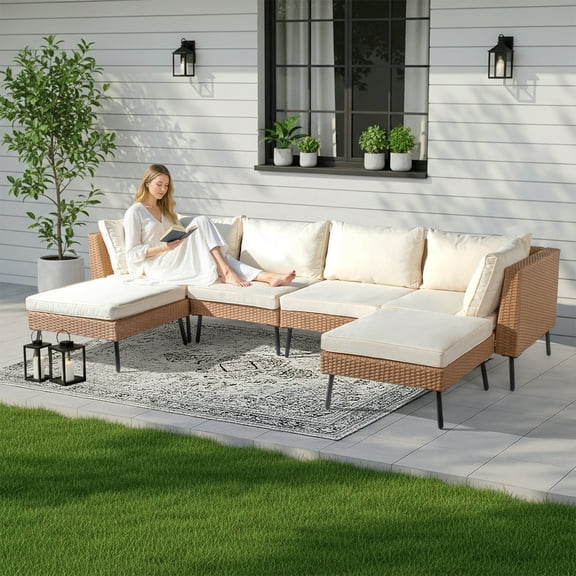 Zimtown 6-Piece Patio Set with Ottomans, Modular All-Weather Wicker Sectional & Removable Cushions, Peacock