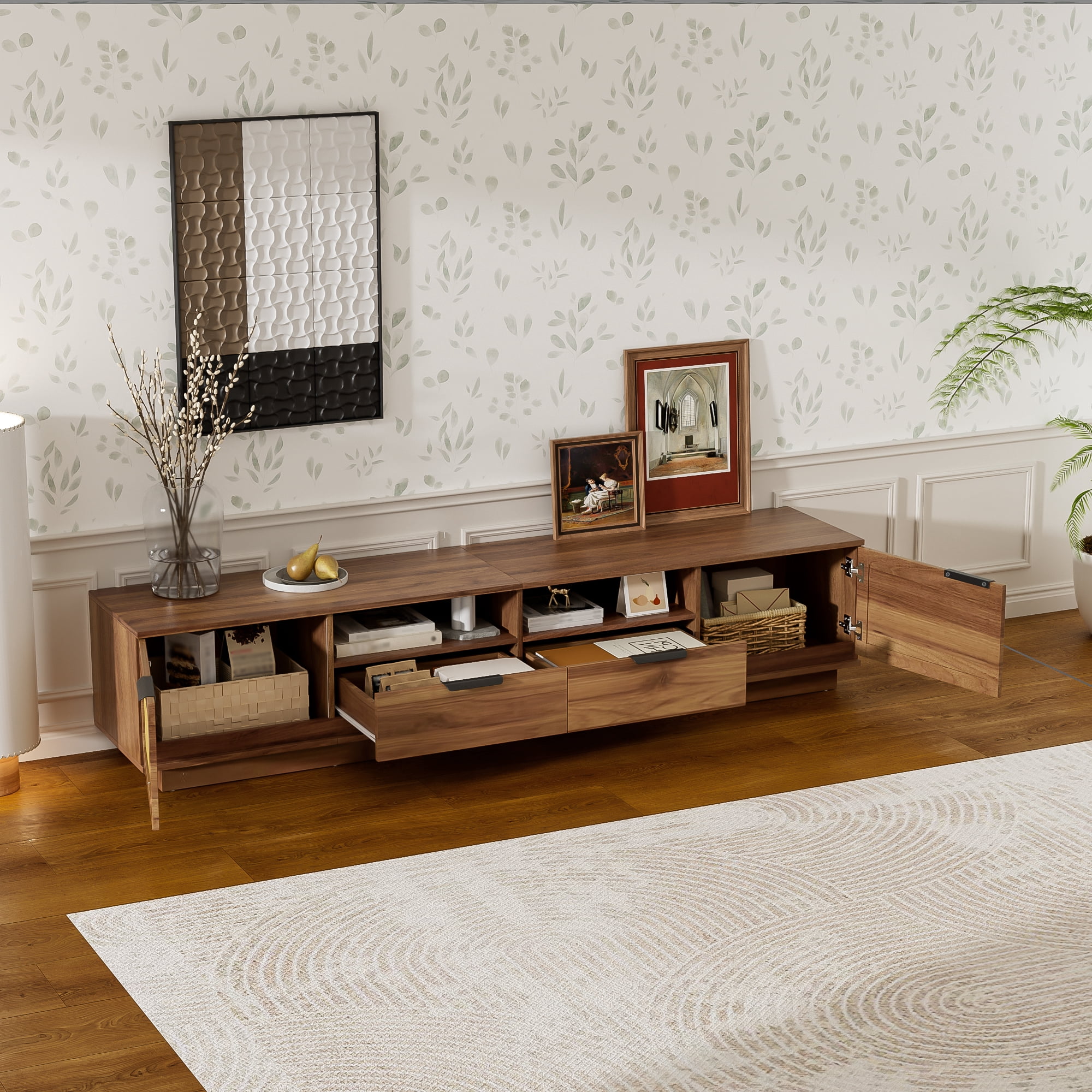 TV Stand for TVs up to 85 Inch, Rattan Media Console with 2 Drawers & Open Shelves, Entertainment Center with Storage Cabinets for Living Room