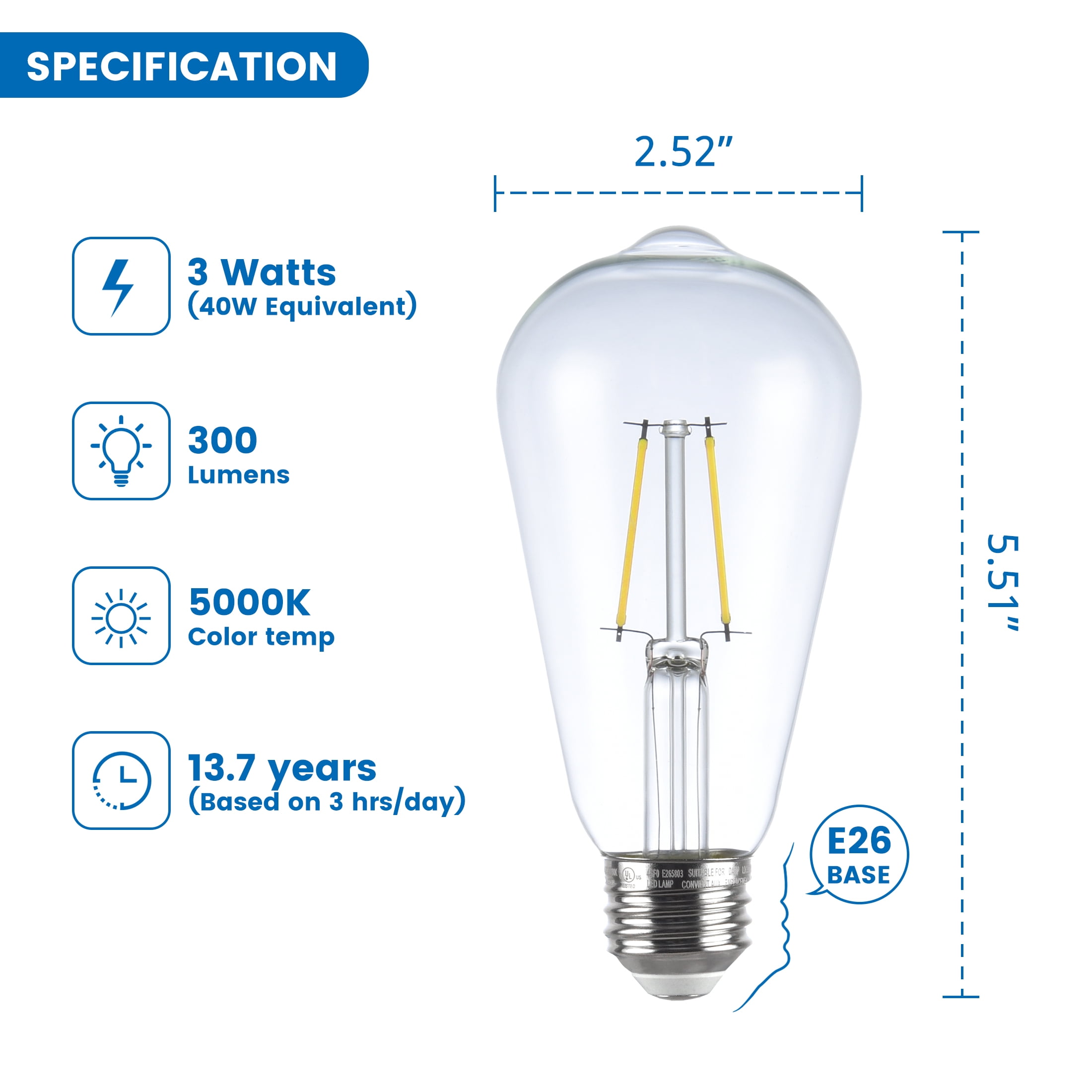 Great Value ST19 Vintage LED Light Bulb, 3-Watt (40W Equivalent), Daylight, Dimmable, E26, 4 Pack