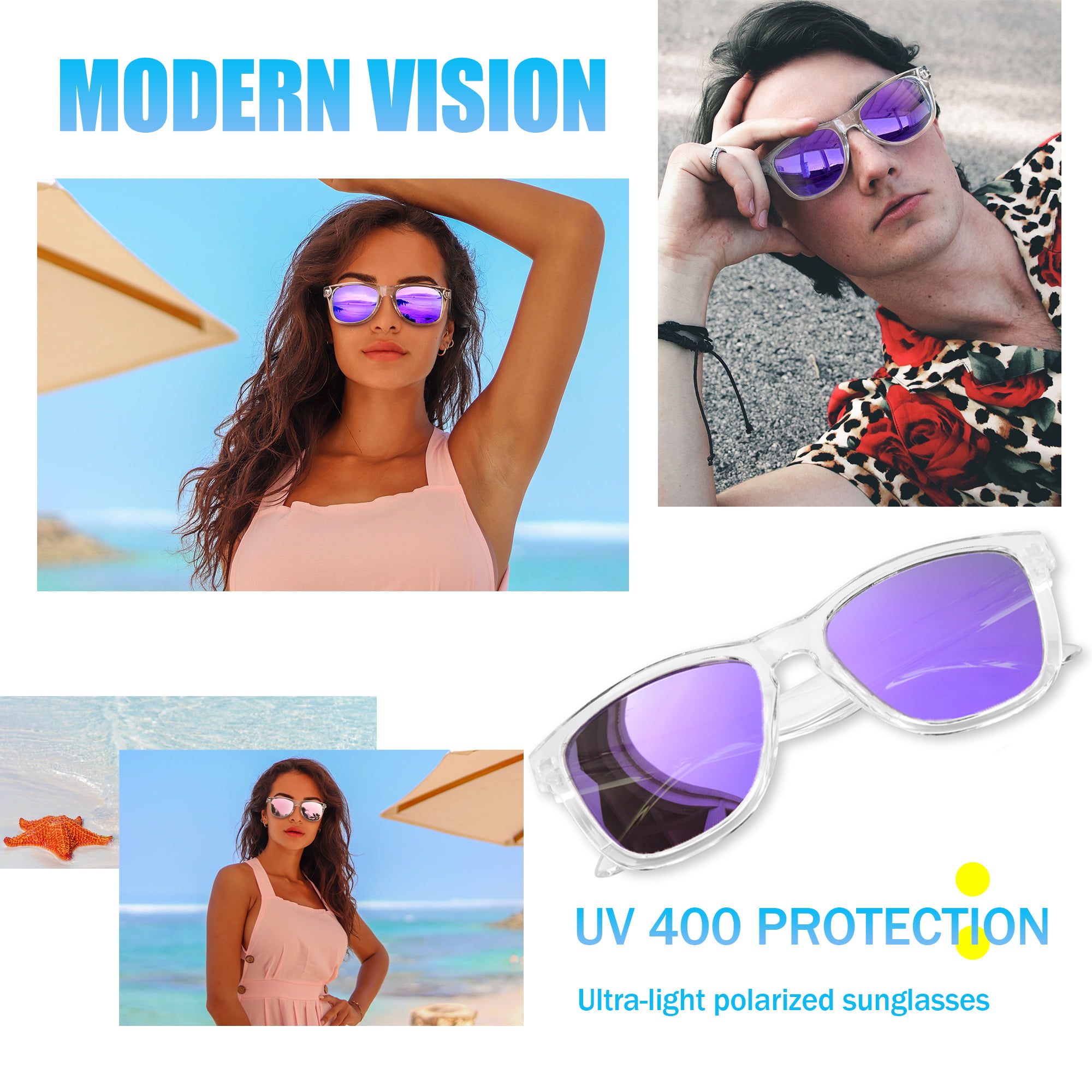 Joopin Polarized Sports Sunglasses for Men Women Classic Transparent Frame  UV400 Mirrored Lens (Clear Mirrored Purple) 