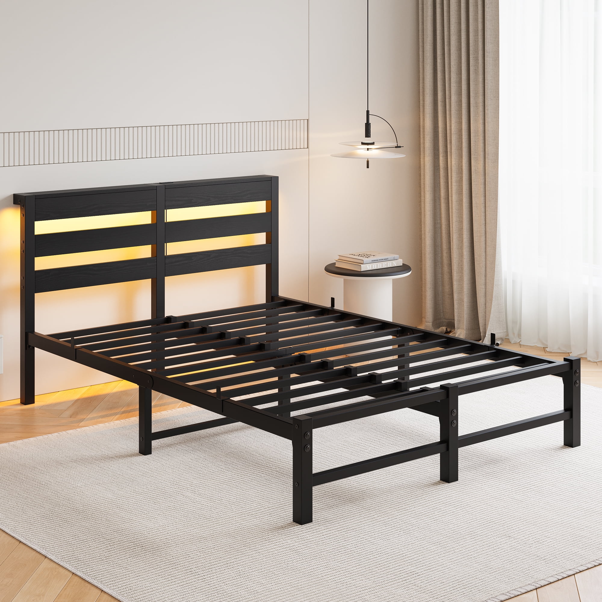 Miniyam Full Size Bed with USB Charging Station, LED Bed for Adult, Black