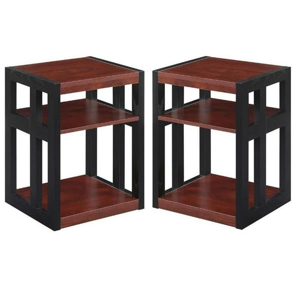 Home Square End Table with Shelves in Warm Cherry Wood Finish - Set of 2