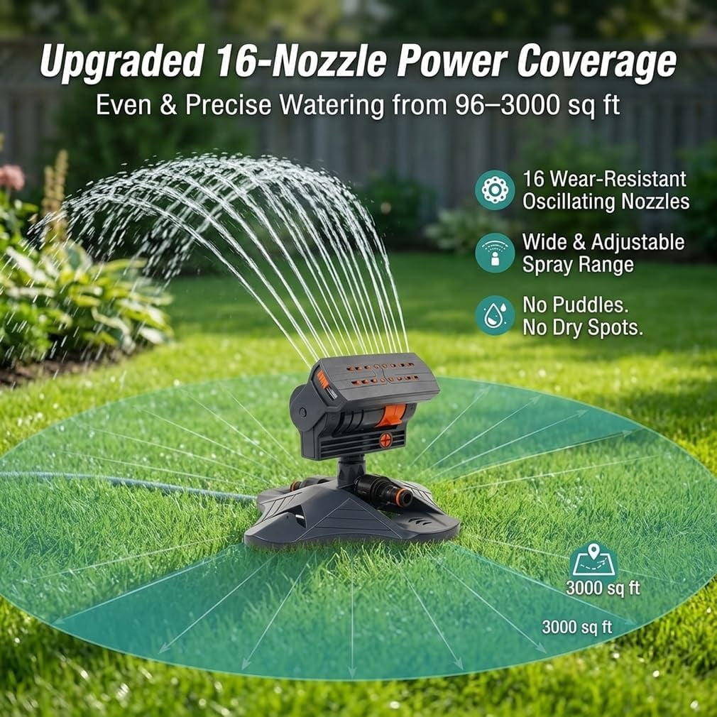 16 Nozzle Oscillating Sprinkler, Adjustable Wide Coverage Lawn Sprinkler with Triangular Base, Heavy Duty for Yard Garden, US Standard Hose Fit