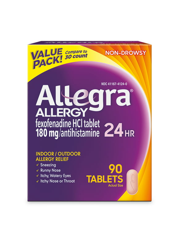 Allegra 24 Hour Non-Drowsy Antihistamine Medicine Tablets for Adult Allergy Relief, Fexofenadine, 180 mg, 90 Pills