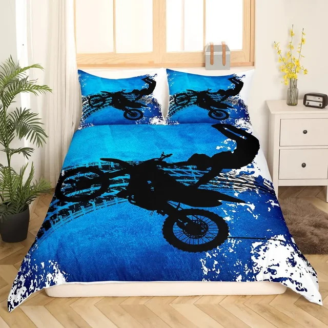 Luxury Bedding Set Motorcycle Print Duvet Cover Set with Pillowcase Motocross Bedspread boy‘s Bed Set