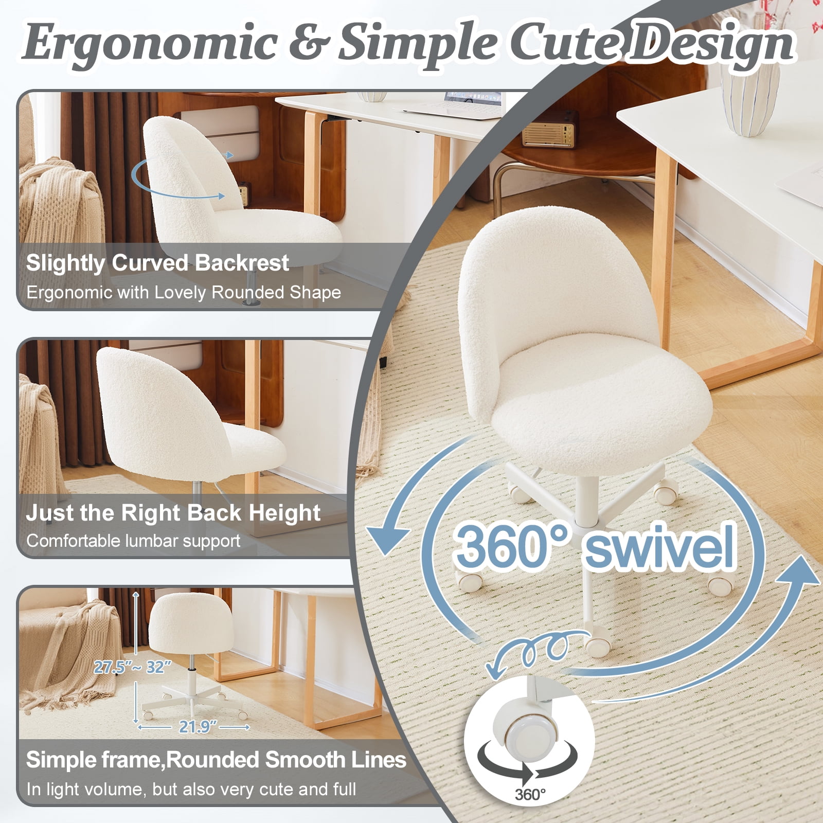 Ktaxon Armless Home Office Desk Chair Cute Mid Back Vanity Stool Teddy Velvet Swivel Task Chairs with Wheels White