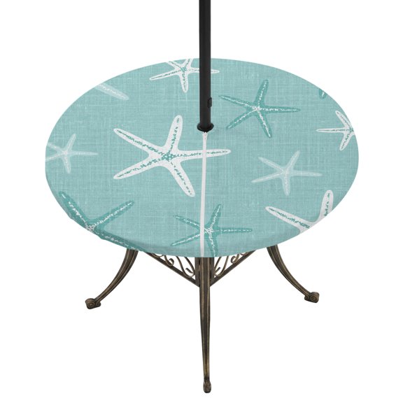 Round Outdoor Tablecloth with Umbrella Hole and Zipper, Vintage Mint Green Starfish Tablecloth with Elastic Waterproof, Summer Coastal Beach Marine Life Patio Table Covers for 31" - 35" Pool Tables