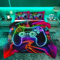 Homewish Neon Gamepad Gamer Queen Comforter Set, Futuristic Square Abstract Bedding Sets, Teens Kids Boys Child Reversible Bedding Comforter Set, Luxury Bedroom Decor, 3 Pieces