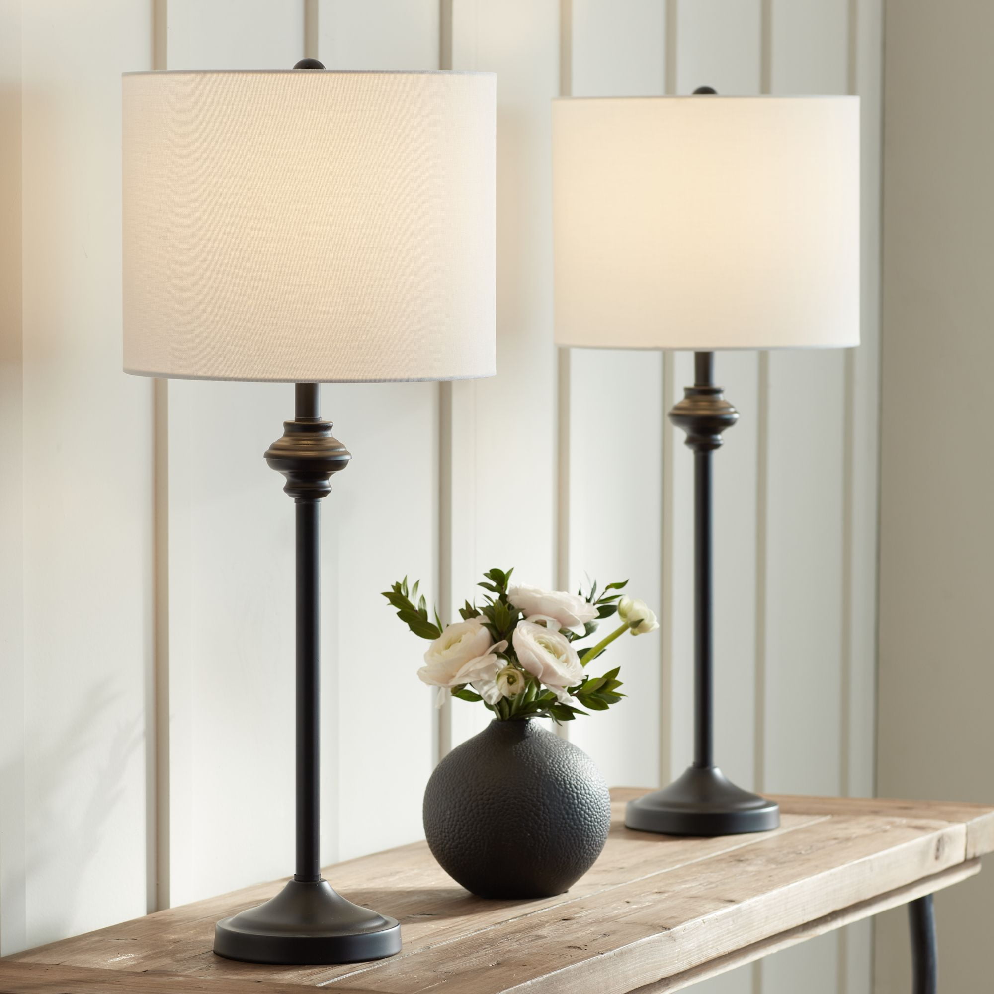 360 Lighting Lynn 26" Tall Skinny Buffet Modern Table Lamps Set of 2 Black Metal White Shade Living Room Bedroom Bedside House
