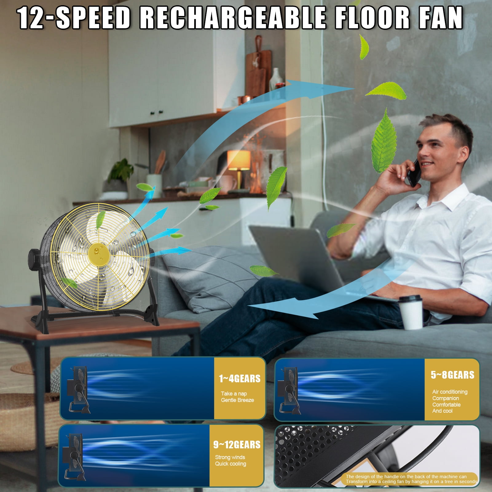Happydeer Battery Operated Floor Fan Rechargeable Powered Fan Cordless High Velocity Metal Blade Portable Fan for Camping Travel Patio Tent Indoor Outdoor Fan 12 Inch 360 Degree Manual Tilt 12 Speed