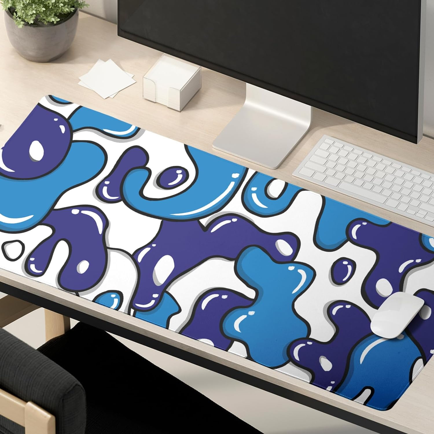 Navy Blue White Mouse Pad Gaming Desk Pad Geometric Japanese Anime Cool Extended XXL Mouse Pad 35.4X15.7 Inch Full Desk Mousepad Gaming with Stitched Edges Non-Slip Base for Desktop Keyboard Pad