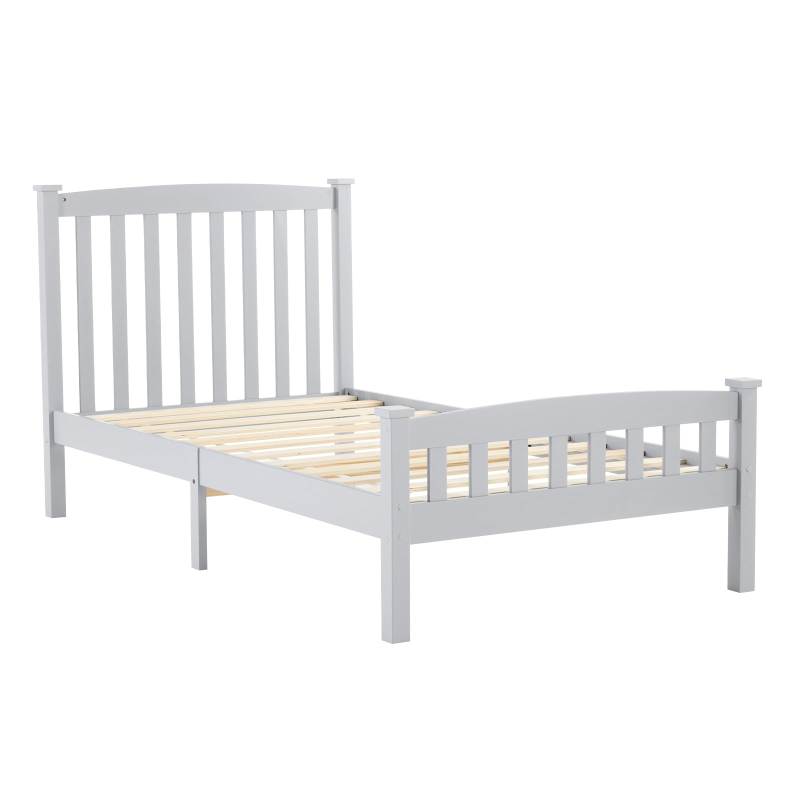 Twin Single-Layer Wooden Bed Vertical Decorative Strips Curved Headboard and Footboard Bed Frame Painted Pine Bed Frame, 79.33*42.52*38.98in Grey