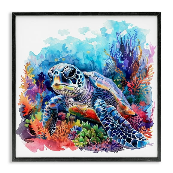 Stupell Industries Undersea Turtle & Coral Animals Painting Black Framed Art Print Wall Art, 12 x 12