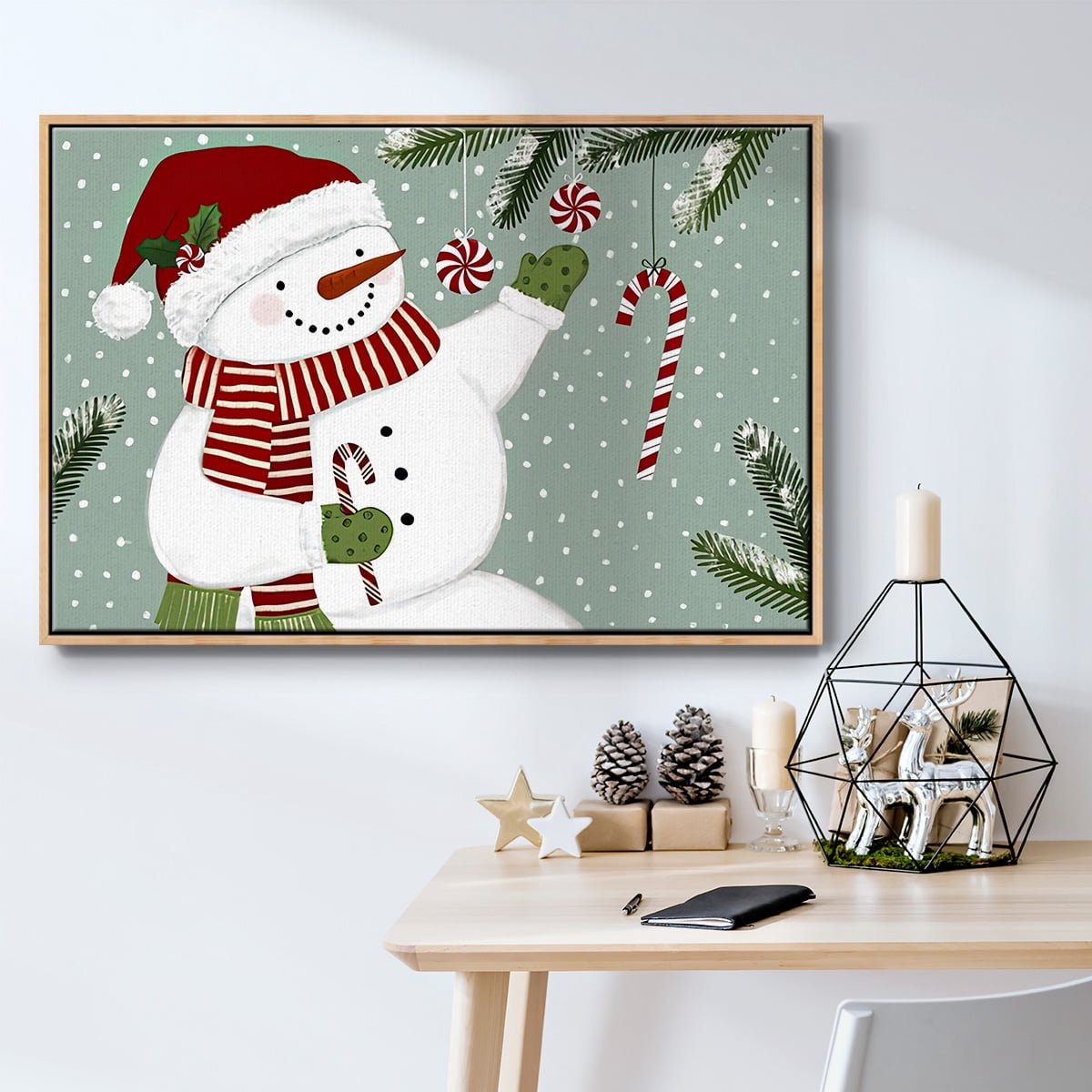 Peppermint Snowman Collection A - Framed Gallery Wrapped Holiday Canvas - 17 x 25 - Natural Wood Frame