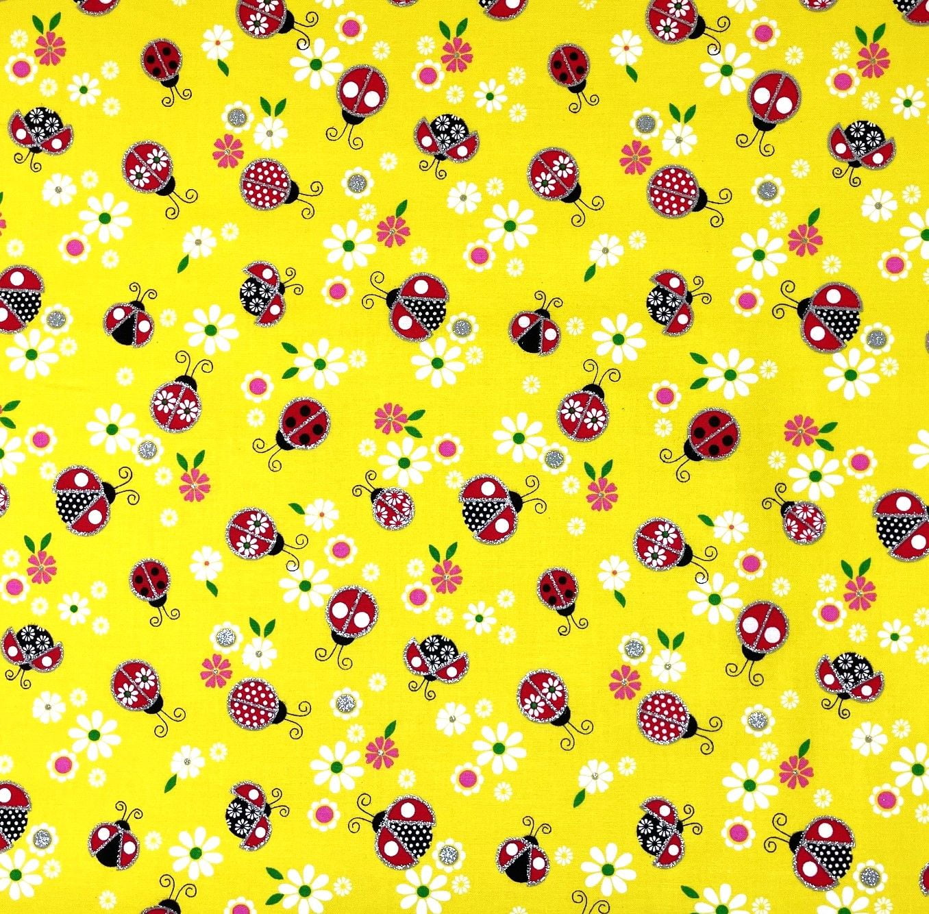 1 Yard - Glittery Ladybugs & Daisies on Yellow Cotton Fabric (Great for Quilting, Sewing, Craft Projects, Throw Pillows & More) 1 Yard X 44" Wide