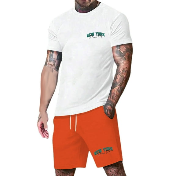 Outfits for Men Casual Color Solid Matching Shirt and Shorts Set Athletic Fit Sweatsuit Men Clothing Sets Outfits Orange,XL