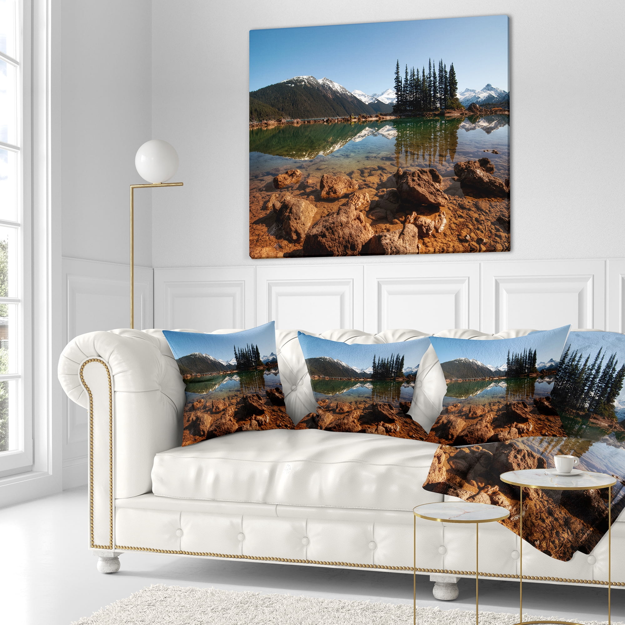Designart Beautiful Clear Lake with Pine Trees - Landscape Printed Throw Pillow - 16x16