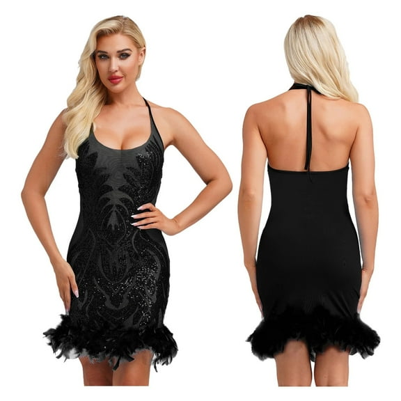 Latin Ballroom Performance Dress Women Halter Sleeveless Sheer Mesh Bodycon Lyrical Sequined
