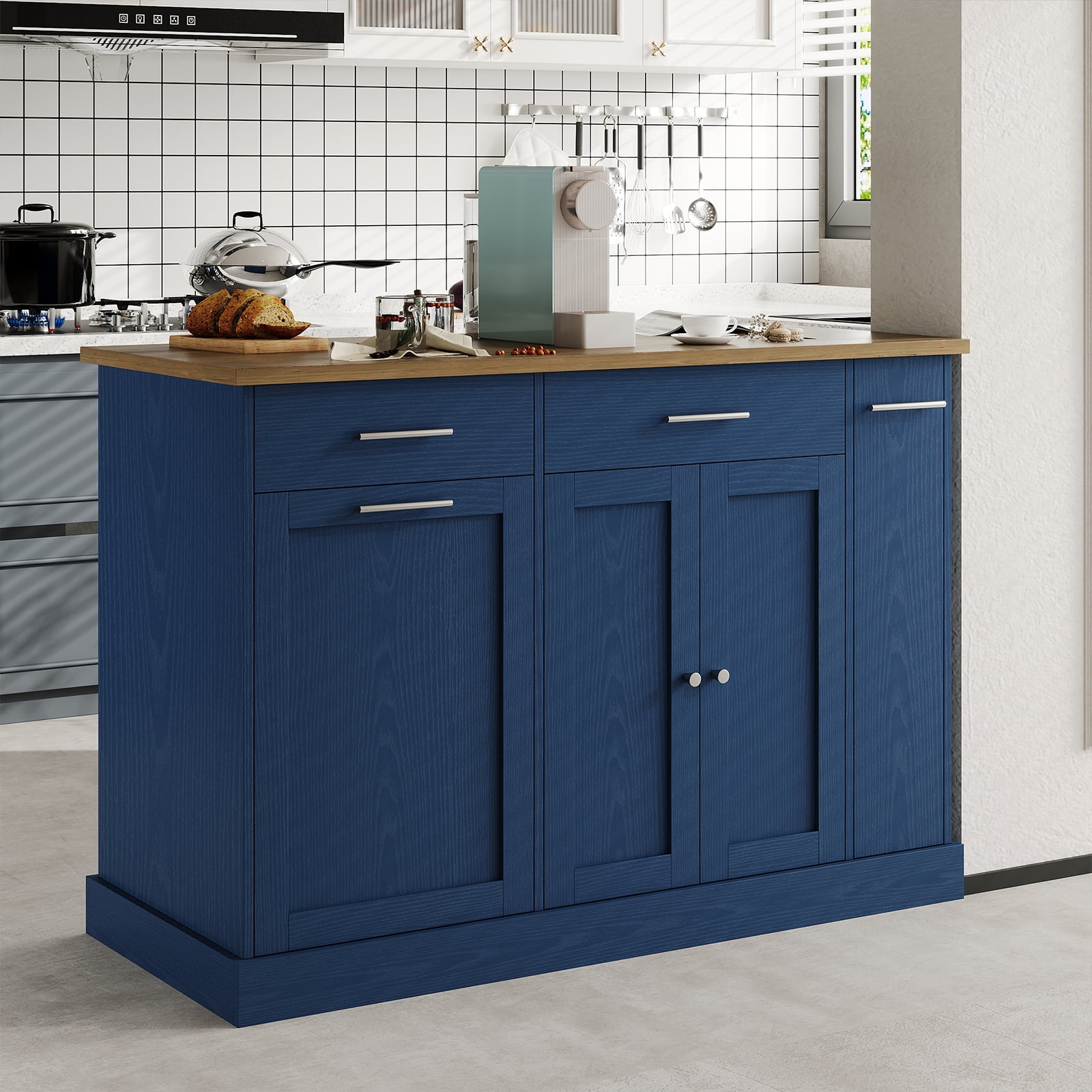 4 EVER WINNER 53" Rolling Kitchen Island on Wheels, Mobile Kitchen Cart with Trash Can Storage, 3-Tier Spice Rack & Adjustable Shelves, Kitchen Island Table for Storage & Organization, Blue