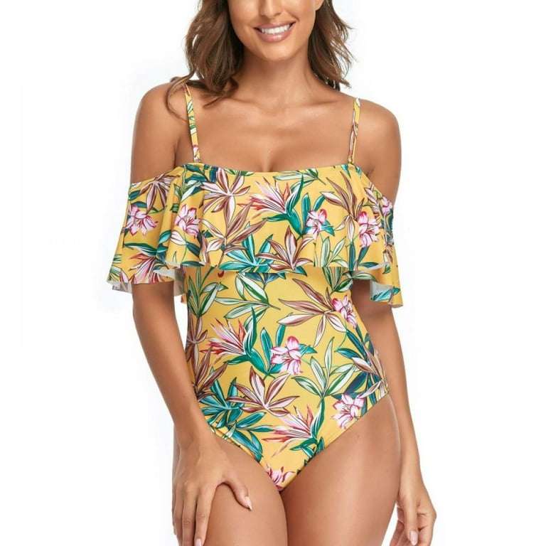 Women s One Piece Swimsuit Plus Size Off Shoulder Ruffled Tummy Control Bathing Suit Swimsuit