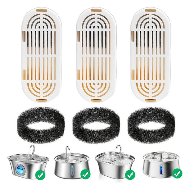 3 Filtros de Repuesto para Fuente de Agua de 108 Oz/3,2 L de Acero Inoxidable para Dispensadores de Agua para Perros y Gatos, Esponjas y Filtros de Espuma