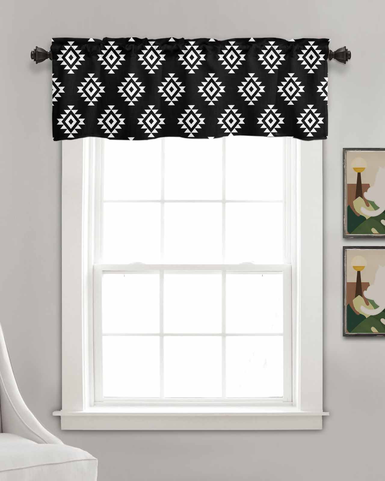 Black Boho Geometric Kitchen Valances for Windows Farmhouse Linen Window Valance Curtain for Living Room Window Treatment Retro Simple Ethnic Abstract Motifs Valance Rod Pocket Topper, 54 x 18 Inch