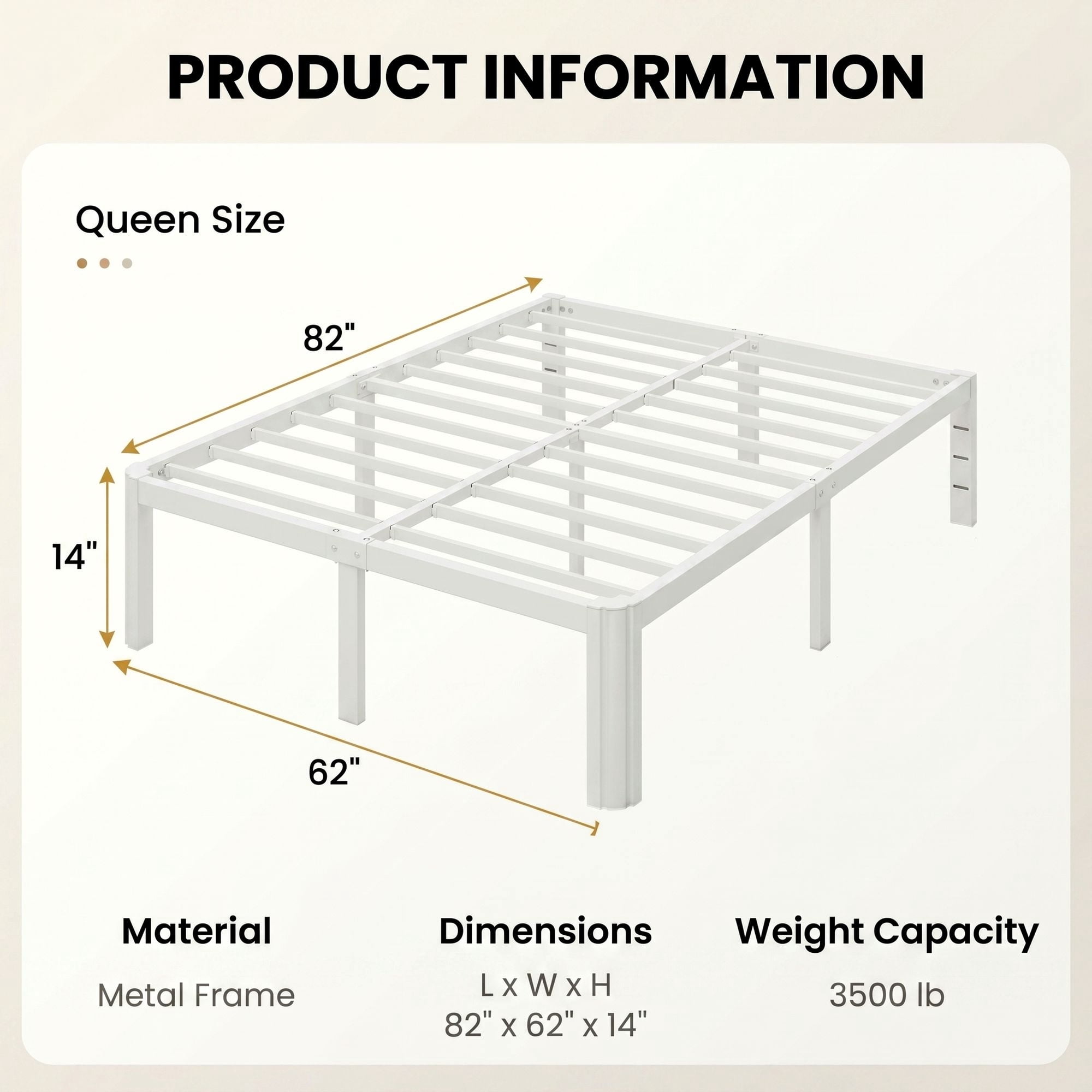 Merrland Queen Bed Frame, 14" Metal Platform Bed Frame with Fan-Shaped Legs, 3500 lbs Capacity, Under-Bed Storage Space, Easy Assembly, White