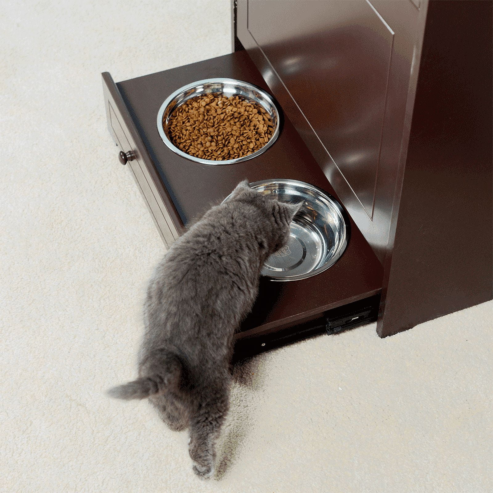 LONGHEXINA Pet Feeder Station with Storage Made of MDF and Waterproof Painted Dog and Cat Feeder Cabinet with Stainless Bowl