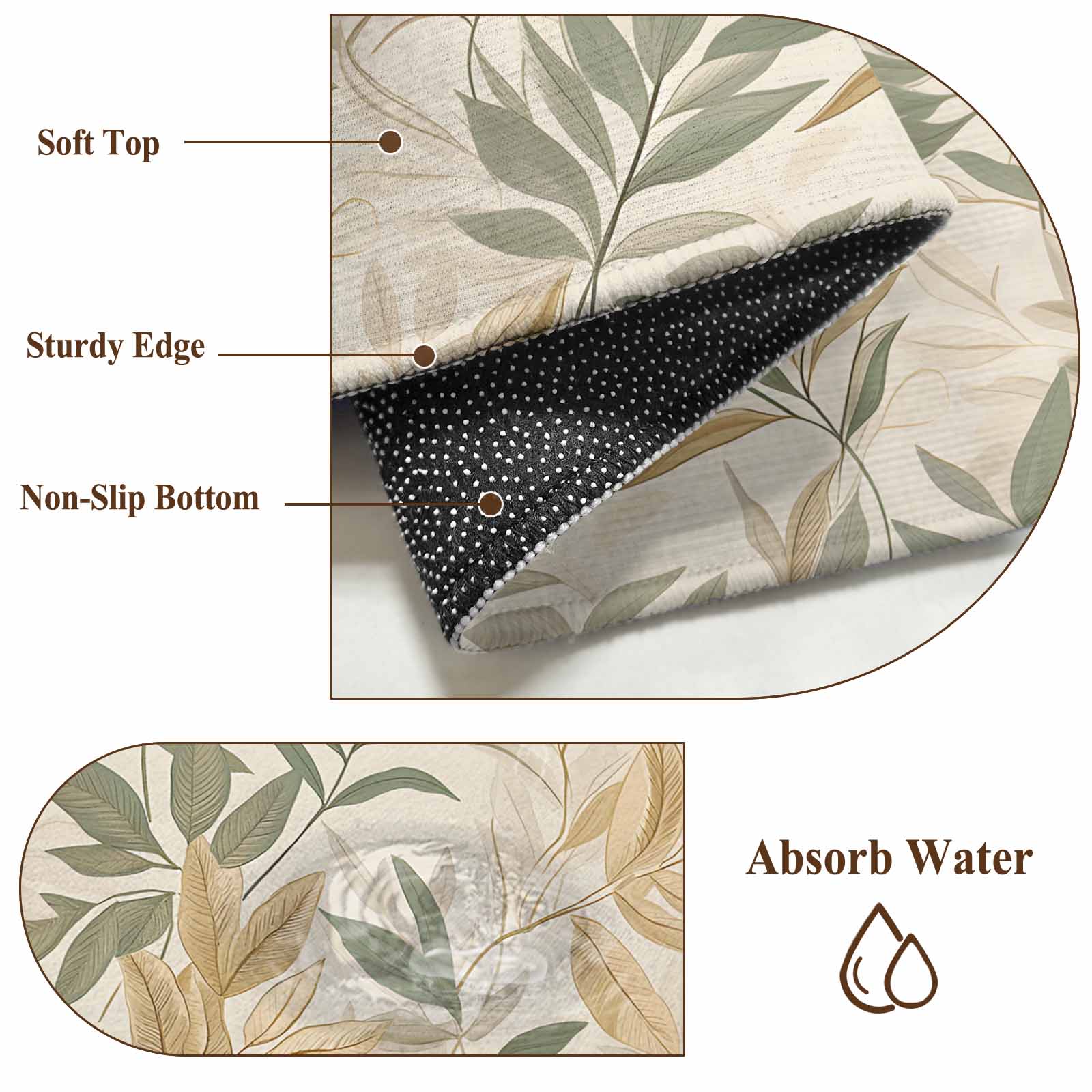 Sage Green Yellow Botanical Bathroom Mat 2x3 FT, Non Slip Small Kitchen Mat, Vintage Spring Summer Washable Soft Backed Front Door Throw Rug Non-Shedding Indoor Outdoor Doormat for Entryway Sink