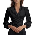 thumbnail image 4 of XPMWRP Women's Satin Wrap Blouse Elegant V-Neck Long Puff Sleeve Self-Tie Waist Top Formal Office Work Shirt Black XXL, 4 of 8