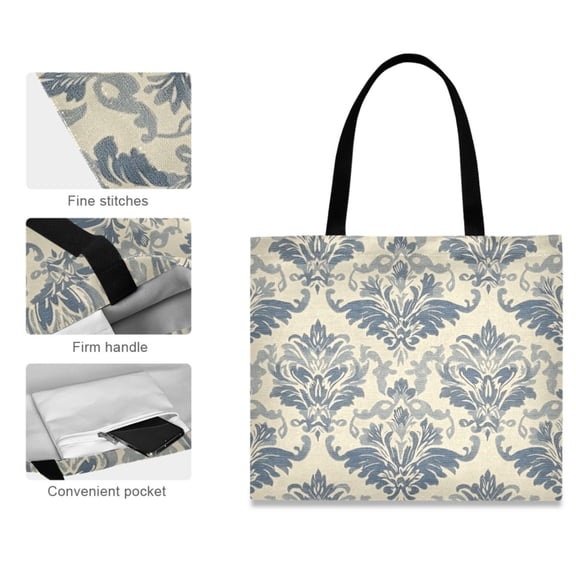 Canvas Tote Bag for Women Girls Design Print Elegant Blue Damask Pattern Tote