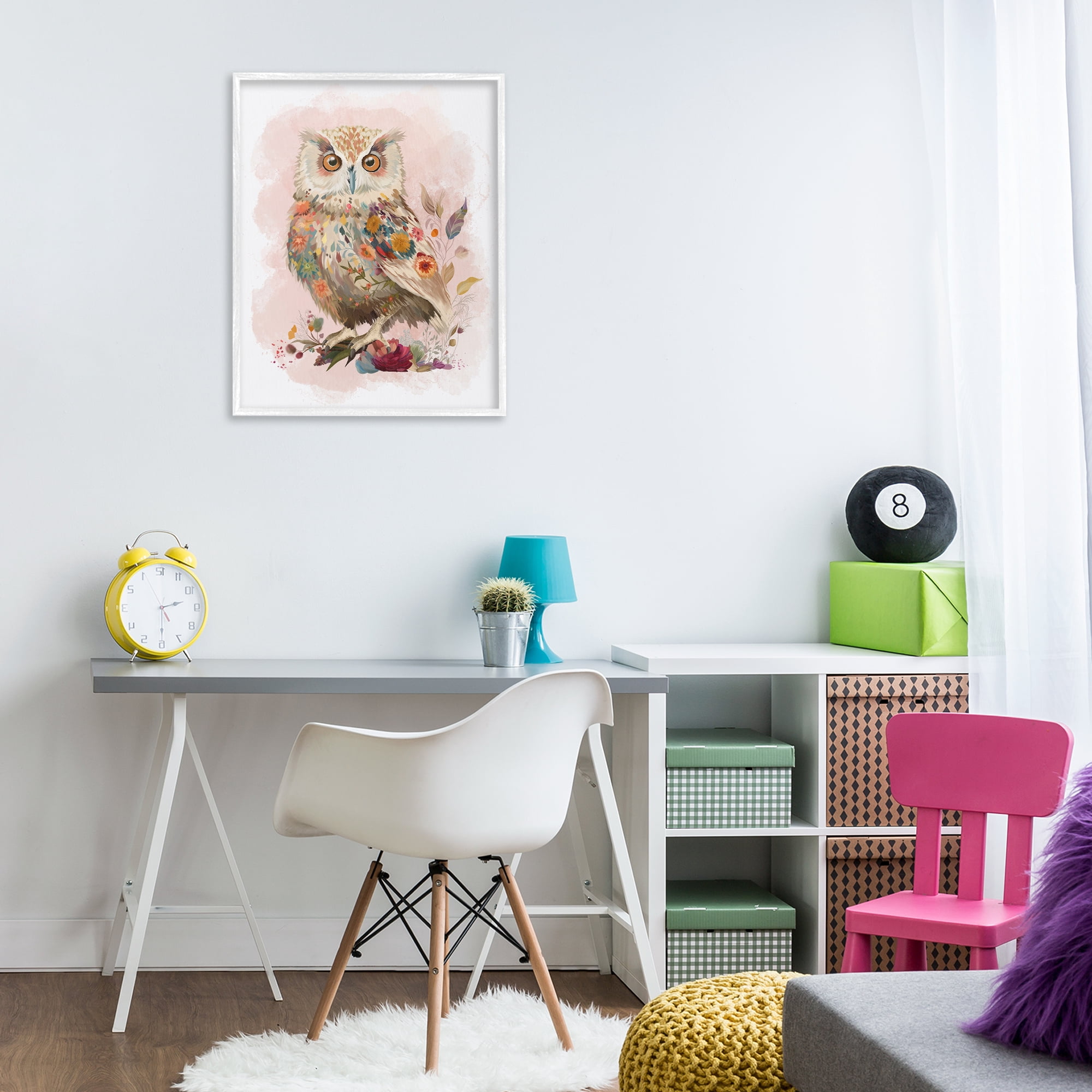 Stupell Industries Owl & Wild Blooms Animals & Insects Painting White Framed Art Print Wall Art, 24 x 30
