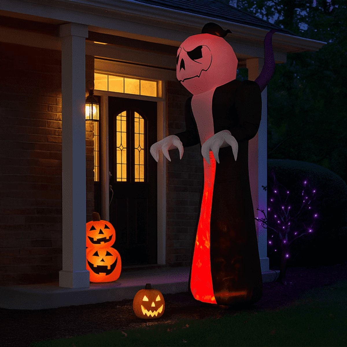 Alvantor 12 ft Pumpkin Head Grim Reaper Halloween Inflatable with 3-Color LED Flame Light, Black and White