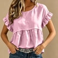thumbnail image 4 of Dolkfu Pink Tops for Women Trendy Short Sleeve Pull-on Retro Crew Neck Blouses & Tops Modern Solid Casual Pink,S, 4 of 6