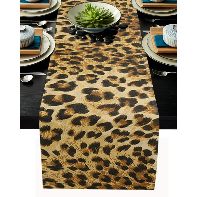 Cotton Linen Dining Table Runner Leopard Print Wildlife Safari Decorations Big Cat Theme Non-Slip Heat Resistant Table Runners for Family Dinner Kitchen Table,16x72 Inch