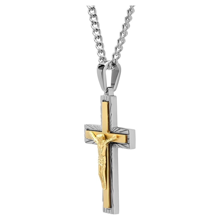 USUASI Men's Stainless Steel Cross & Praying Hands Pendant Necklace - 24 Inch, Gold Tone