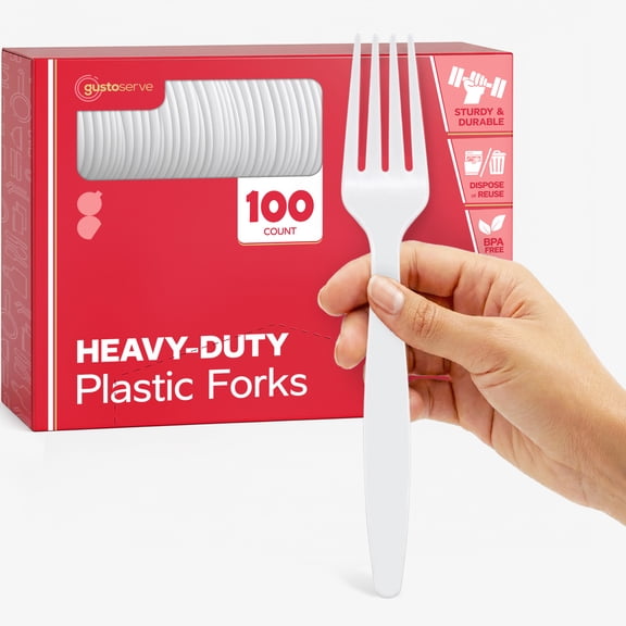 GUSTO Basic Plastic Forks Heavy Duty Disposable Cutlery, White 100-Pack