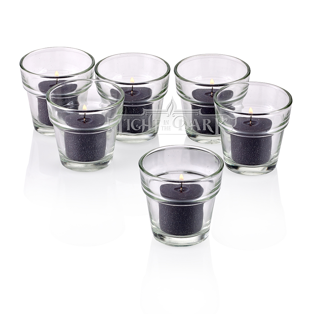 Clear Glass Flower Pot Votive Candle Holders with Black Votive Candles