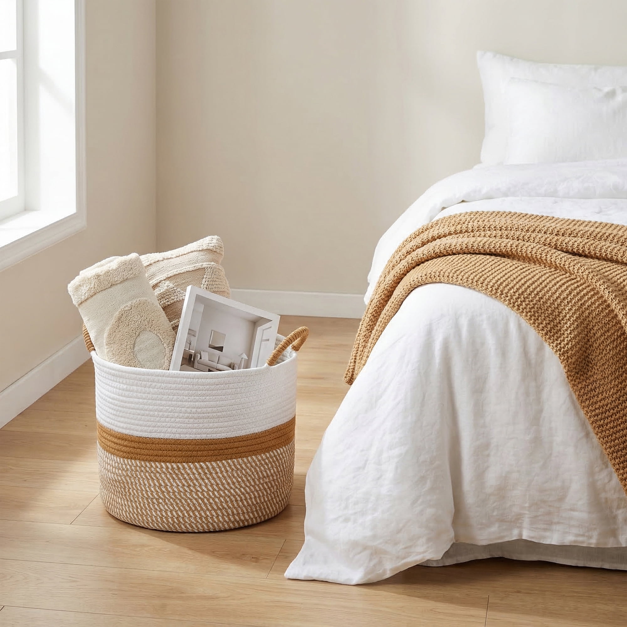 Unique Bargains Multiple Use Woven Storage Bin for Home White Coffee 11.8*11.8*9.4in