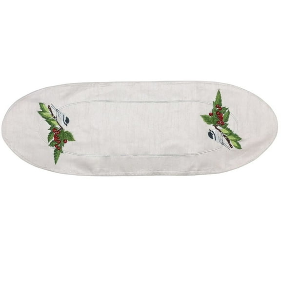 12" x 36" White and Green Chickadee and Cherries Contemporary Table Runner