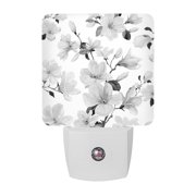 Black White Magnolia Flower Night Lights, Watercolor Grey Floral Leaf Smart Auto Dusk to Dawn Sensor Nightlights Plug-in Nightlight for Bedroom Bathroom Living Room Kitchen Hallway