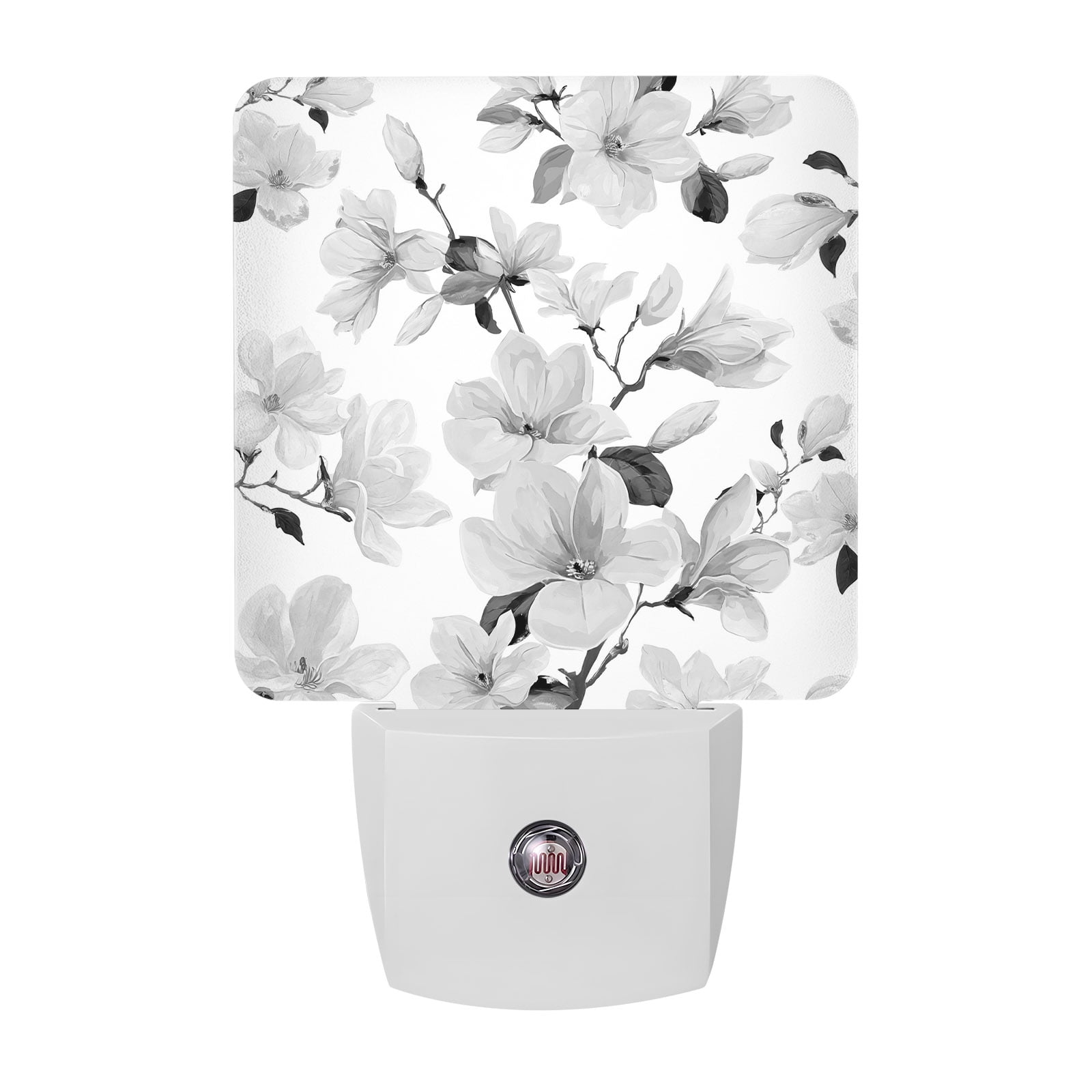 Black White Magnolia Flower Night Lights, Watercolor Grey Floral Leaf Smart Auto Dusk to Dawn Sensor Nightlights Plug-in Nightlight for Bedroom Bathroom Living Room Kitchen Hallway