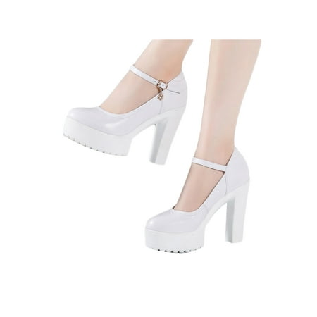 

Sanviglor Ladies Work Shoes Buckle Pumps Ankle Strap High Heels Party Comfort Anti-Slip Dress Pump Soft Chunky Platform Shoe White 12CM 8.5