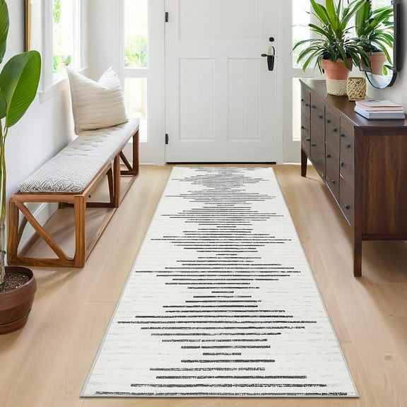 HOMERRY Striped Print Runner 2' x 6' for Hallway Modern Washable Throw Rugs for Kitchen Indoor Carpet, Beige