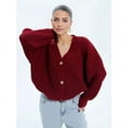 thumbnail image 5 of Women'S Chunky Knit Cardigan Sweater V-Neck Long Sleeve Button Casual Loose Cropped Cardigan Coat Wine Red M, 5 of 7